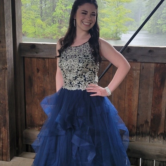 Aria Couture Navy Blue Diamond Studded Prom Dress With Open Back. Size Small - Picture 2 of 14